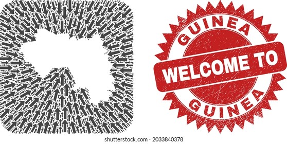 Vector collage Republic of Guinea map of pointer arrows and rubber Welcome stamp. Collage geographic Republic of Guinea map designed as carved shape from rounded square shape using navigation arrows.