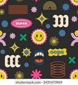 Vector collage of retro and happy motifs on a dark background, featuring a quirky and vintage design style.