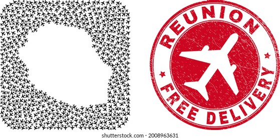 Vector collage Reunion Island map of jet vehicle items and grunge Free Delivery badge.