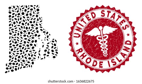 Vector collage Rhode Island State map and red rounded rubber stamp seal with medic symbol. Rhode Island State map collage designed with oval items. Red rounded medic seal, with unclean texture.