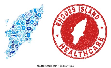 Vector collage Rhodes Island map with inoculation icons, receipt symbols, and grunge healthcare seal. Red round seal with scratched rubber texture and Rhodes Island map word and map.