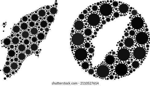 Vector collage Rhodes Island map of covid virus items. Mosaic geographic Rhodes Island map constructed as carved shape from round shape with covid items in black color hues.