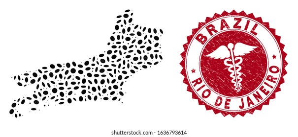 Vector collage Rio de Janeiro State map and red rounded grunge stamp watermark with serpents icon. Rio de Janeiro State map collage created with elliptic spots. Red rounded doctor seal stamp,