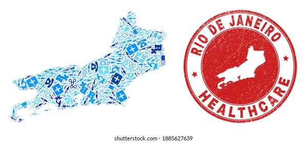 Vector collage Rio de Janeiro State map of medical icons, first aid symbols, and grunge health care imprint. Red round imprint with grunge rubber texture and Rio de Janeiro State map text and map.