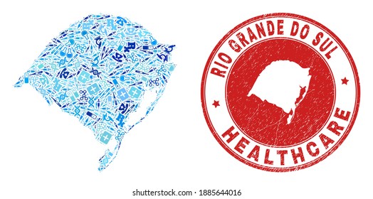 Collage del mapa del estado de Rio Grande do Sul con iconos de la salud, símbolos de laboratorio y una marca de agua para la atención de salud.