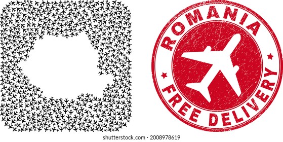 Vector collage Romania map of airplane items and grunge Free Delivery seal. Collage geographic Romania map designed as hole from rounded square with flying out air planes.