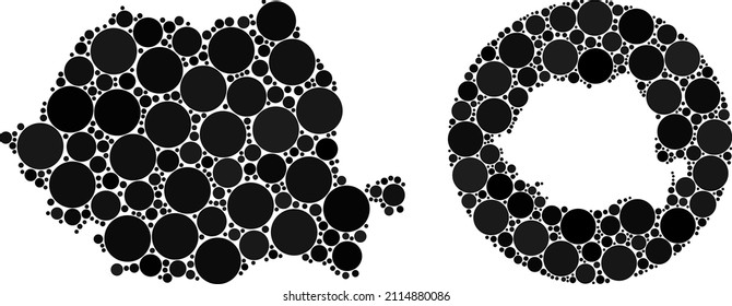 Vector collage Romania map of sphere elements. Mosaic geographic Romania map created as carved shape from circle with circle elements in black colors. Dot vector mosaic Romania map.