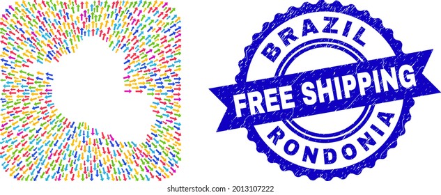 Vector sammelt Rondonia State Karte von hinterlassen Pfeile und Gummi Free Shipping Badge. Mosaik-Rondonia-Zustandskarte, die als geschnitzte Form aus abgerundeter quadratischer Form mit Bewegungspfeilen erstellt wurde.