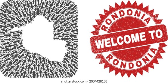 Vector collage Rondonia State map of migration arrows and rubber Welcome seal. Collage geographic Rondonia State map constructed as stencil from rounded square using motion arrows.