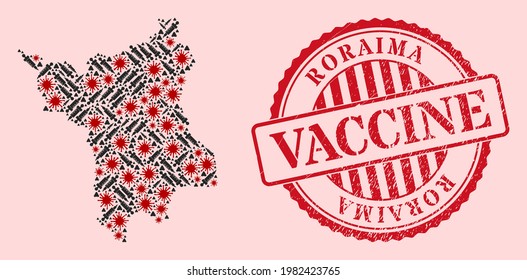 Vector collage Roraima State map of flu virus, treatment icons, and red grunge vaccination seal stamp. Virus cells and vaccination items inside Roraima State map.