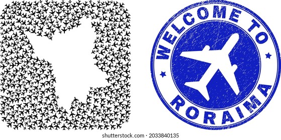 Vector collage Roraima State map of airplane elements and grunge Welcome seal stamp. Collage geographic Roraima State map designed as carved shape from rounded square shape with airways.
