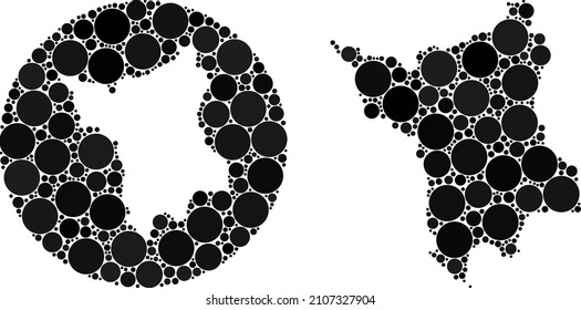 Vector collage Roraima State map of round parts. Mosaic geographic Roraima State map is created as stencil from round shape with round items in black color hues.