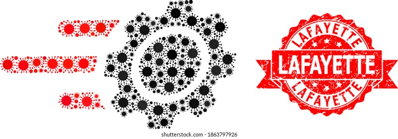 Vector collage rush gear of flu virus, and Lafayette unclean ribbon stamp. Virus items inside rush gear mosaic. Red stamp seal has Lafayette text inside ribbon.