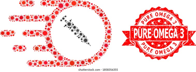 Vector collage rush vaccine of corona virus, and Pure Omega 3 grunge ribbon stamp seal. Virus items inside rush vaccine collage. Red stamp seal includes Pure Omega 3 text inside ribbon.