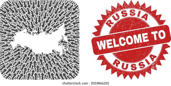 Vector collage Russia map of pointer arrows and grunge Welcome seal stamp. Collage geographic Russia map constructed as carved shape from rounded square shape with pointer arrows.