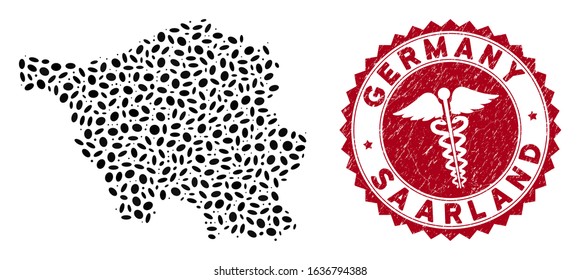 Vector collage Saarland Land map and red round corroded stamp seal with medicine symbol. Saarland Land map collage constructed with elliptic elements. Red round medic seal stamp, with grunge texture.