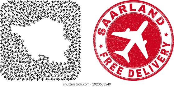 Vector collage Saarland Land map of air force items and grunge Free Delivery stamp. Collage geographic Saarland Land map designed as hole from rounded square shape with flying out airplanes.