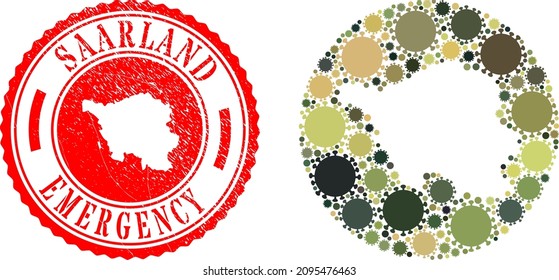 Vector collage Saarland Land map of flu virus items and grunge EMERGENCY stamp.