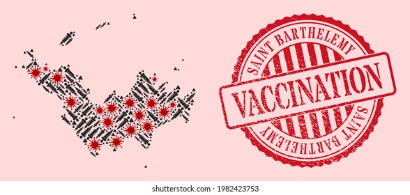 Vector collage Saint Barthelemy map of SARS virus, syringe icons, and red grunge vaccination seal stamp. Virus items and inoculation particles inside Saint Barthelemy map.