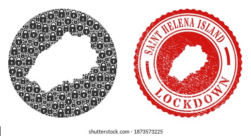 Vector sammelt Saint Helena Island Karte von Schlössern und grunge LOCKDOWN Siegel Stempel. Mosaik geographische Karte der Insel Saint Helena, die als geschnitzte Form aus runden Formen mit schwarzen Schlössern entworfen wurde.