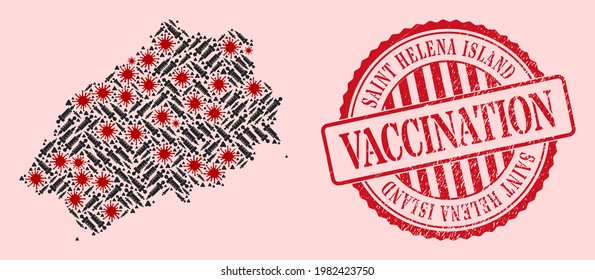 Vector collage Saint Helena Island map of flu virus, inoculation icons, and red grunge vaccine stamp. Virus items and dose items inside Saint Helena Island map.