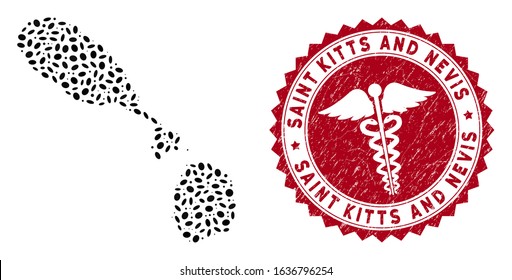 Vector collage Saint Kitts and Nevis map and red round rubber stamp watermark with health care sign. Saint Kitts and Nevis map collage constructed with elliptic elements. Red round medical seal,