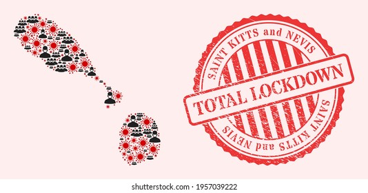 Vector collage Saint Kitts and Nevis map of SARS virus, masked people and red grunge lockdown seal. Virus particles and people in masks inside Saint Kitts and Nevis map.