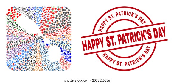Vector collage Saint Kitts and Nevis map of different pictograms and Happy St. Patrick'S Day seal stamp. Collage Saint Kitts and Nevis map created as hole from rounded square.