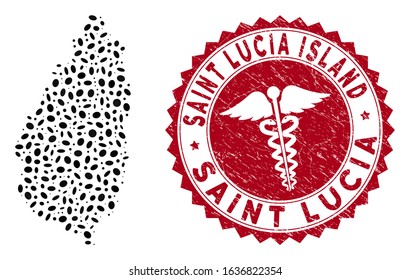 Vector collage Saint Lucia Island map and red rounded corroded stamp seal with medic sign. Saint Lucia Island map collage designed with elliptic spots. Red rounded medic seal, with grunge texture.