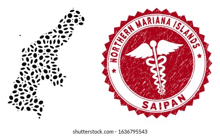 Vector collage Saipan Island map and red round rubber stamp seal with medic icon. Saipan Island map collage composed with elliptic elements. Red round healthcare seal, with unclean texture.