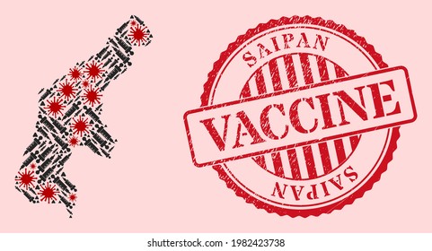 Vector collage Saipan Island map of covid-2019 virus, dose icons, and red grunge vaccination seal. Virus particles and syringe particles inside Saipan Island map.