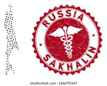 Vector collage Sakhalin Island map and red rounded grunge stamp watermark with medicine icon. Sakhalin Island map collage composed with ellipse elements. Red rounded healthcare watermark,