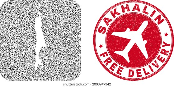 Vector collage Sakhalin Island map of aircraft elements and grunge Free Delivery seal stamp.
