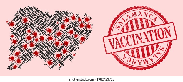 Vector collage Salamanca Province map of coronavirus, syringe icons, and red grunge vaccination seal. Virus items and syringe items inside Salamanca Province map.