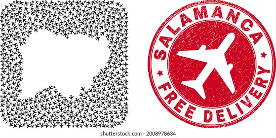 Vector collage Salamanca Province map of air force elements and grunge Free Delivery stamp. Mosaic geographic Salamanca Province map created as hole from rounded square with moving out air planes.