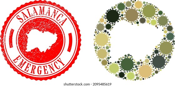 Vector collage Salamanca Province map of virus outbreak icons and grunge EMERGENCY stamp.