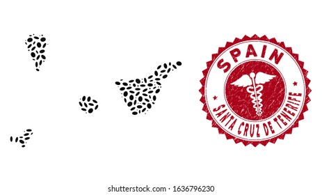 Vector collage Santa Cruz de Tenerife Province map and red round grunge stamp watermark with caduceus sign. Santa Cruz de Tenerife Province map collage constructed with ellipse items.