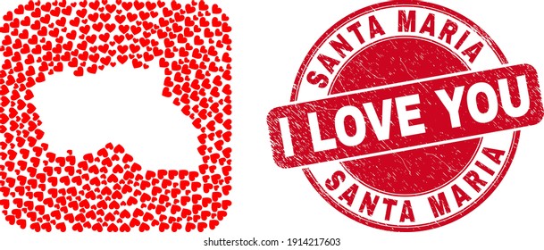 Vector collage Santa Maria Island map of valentine heart items and grunge love seal stamp. Collage geographic Santa Maria Island map constructed as stencil from rounded square with valentine hearts.