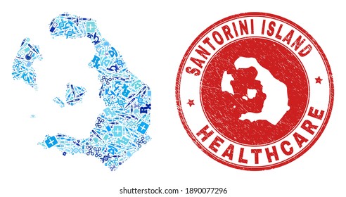 Vector collage Santorini Island map with treatment icons, receipt symbols, and grunge health care watermark. Red round imprint with unclean rubber texture and Santorini Island map text and map.