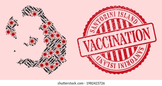 Vector collage Santorini Island map of flu virus, syringe icons, and red grunge vaccination seal. Virus particles and syringe needles inside Santorini Island map.