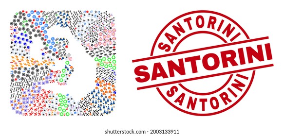 Mapa de la isla Santorini de colección de vectores de diferentes pictogramas y sello de sello de Santorini. Mapa de la isla Collage Santorini creado como forma tallada de forma cuadrada redondeada.
