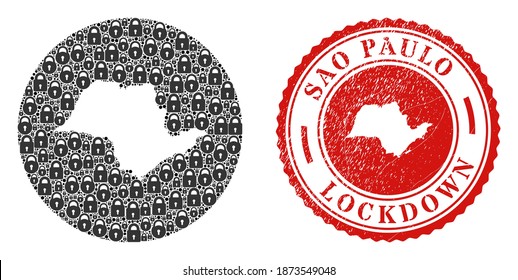 Vektorcollage Sao Paulo State Karte von Schlössern und grunge LOCKDOWN Siegel. Mosaik geographische Sao Paulo-Staatskarte als Schablone aus Kreis mit schwarzen Schlössern erstellt.