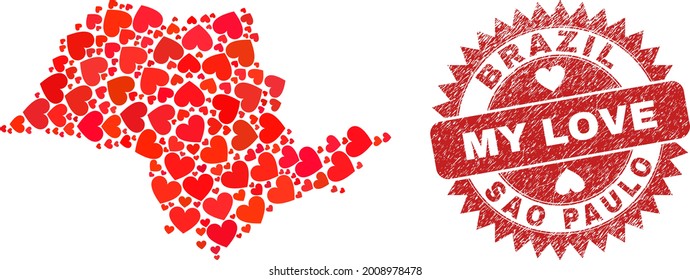 Vector collage Sao Paulo State map of love heart items and grunge My Love stamp. Collage geographic Sao Paulo State map designed with love hearts.