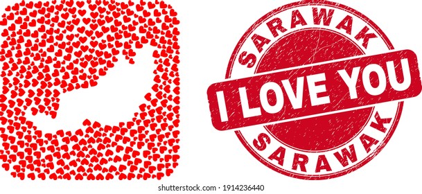 Vector collage Sarawak State map of love heart elements and grunge love seal. Collage geographic Sarawak State map constructed as hole from rounded square with lovely hearts.
