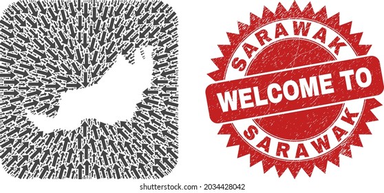 Vector collage Sarawak State map of pointing arrows and scratched Welcome seal stamp. Collage geographic Sarawak State map designed as hole from rounded square shape with pointer arrows.