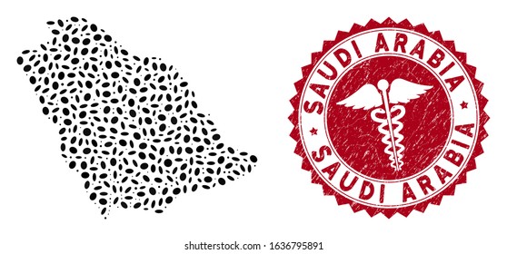 Vector collage Saudi Arabia map and red round rubber stamp watermark with medicine symbol. Saudi Arabia map collage constructed with elliptic elements. Red round medic watermark, with grunge texture.