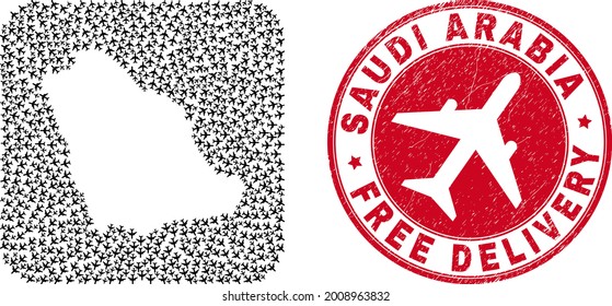 Vector collage Saudi Arabia map of air plane items and grunge Free Delivery seal. Mosaic geographic Saudi Arabia map created as hole from rounded square with flying out air planes.