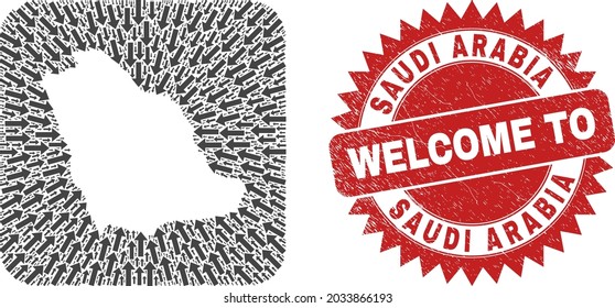 Vector collage Saudi Arabia map of navigation arrows and scratched Welcome seal stamp. Collage geographic Saudi Arabia map created as carved shape from rounded square shape with moving arrows.
