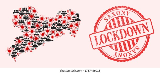 Vector collage Saxony Land map of covid-2019 virus, masked people and red grunge lockdown stamp. Virus items and people in masks inside Saxony Land map.