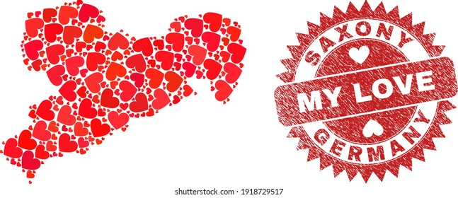 Vector collage Saxony Land map of love heart elements and grunge My Love badge. Collage geographic Saxony Land map created with valentine hearts.